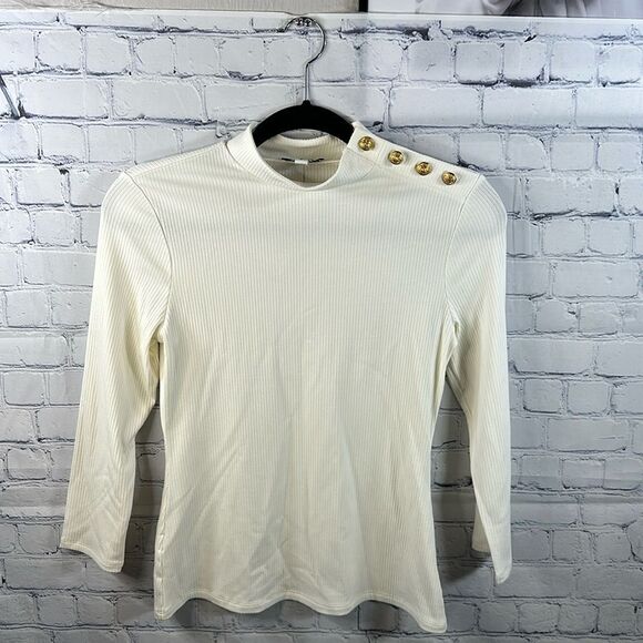 🌟 Cream Ribbed Long Sleeve Top from Express - Size Small 🌟 - Picture 1 of 4